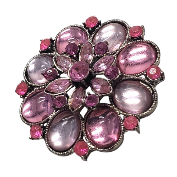 Vintage Floral Pink Rhinestone Brooch Pin With Silver-Tone Metal Backing - Picture 5 of 10